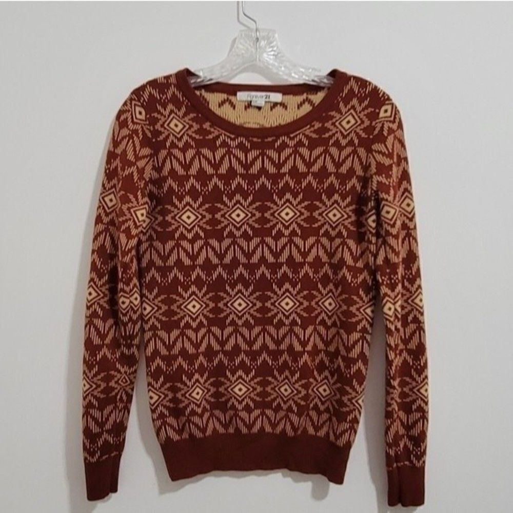 𝅺FOREVER 21 Crew Neck Aztec Print Burgundy & Cream Sweater Size Small